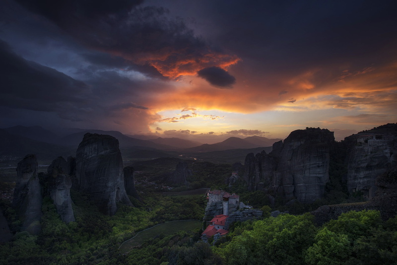 landscape, sunlight, sky, Greece, 1080P, Kalampaka, Meteora, nature