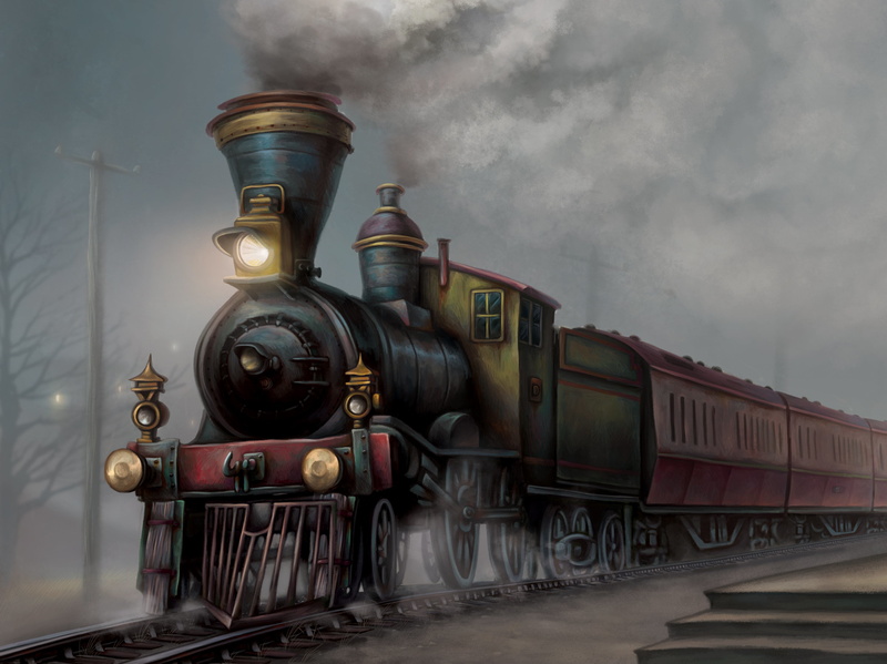 transportation, nature, 2K, outdoors, steam train, mode of transportation, no people, smoke, train - vehicle, rail transportation, track, metal, day, painting