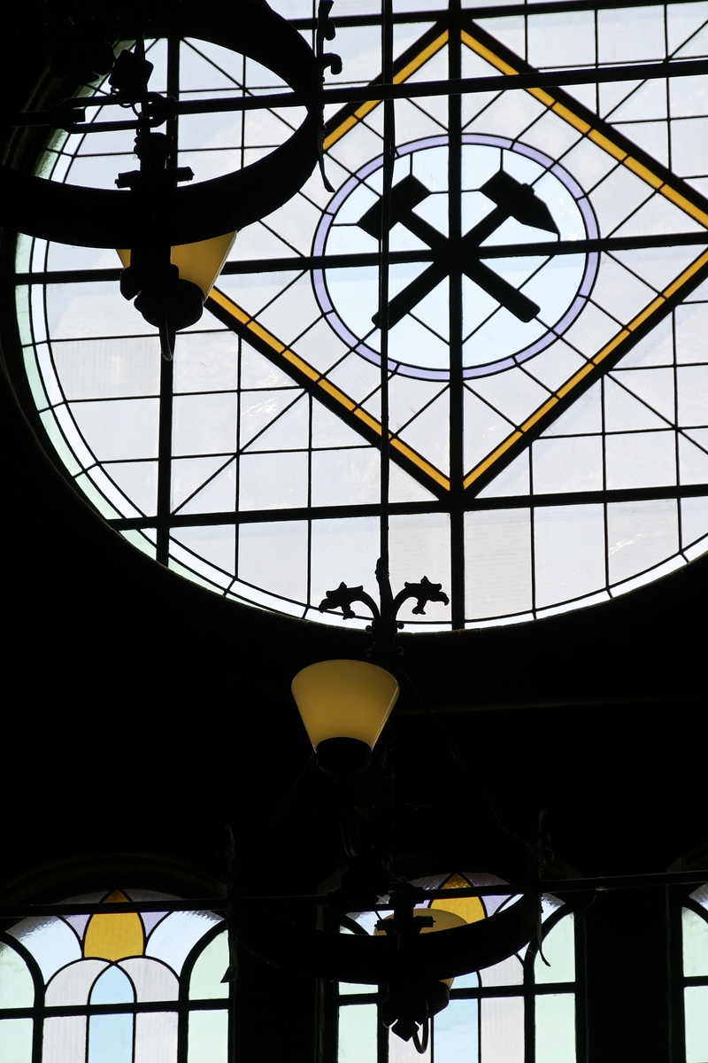 hanging, transparent, window, industrial heritage, skylight, industrial park, built structure, ruhr area, carbon, clock, indoors, yellow, light, pattern