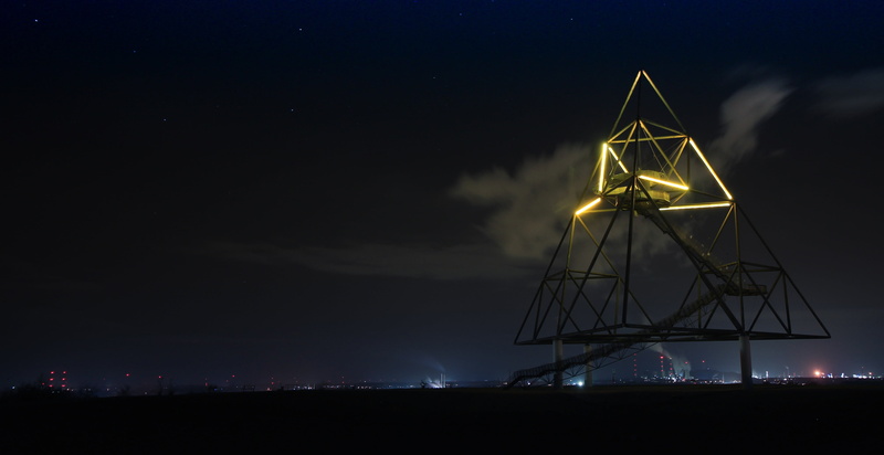 no people, triangle shape, lighting equipment, moon, industrial heritage, ruhr area, 4K, tower, astronomy, architecture, tetrahedron, black, water, pyramid