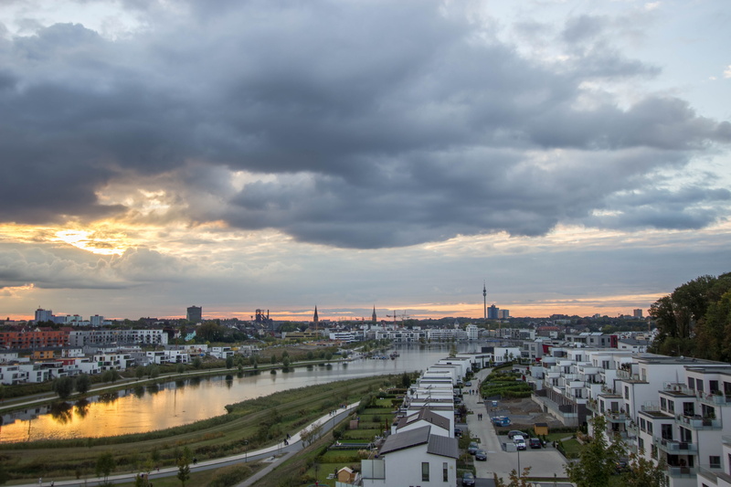 car, cathedral, road, travel destinations, Dortmund, outdoors, water, mood, mode of transportation, sunset, building exterior, urban Skyline, north rhine westphalia