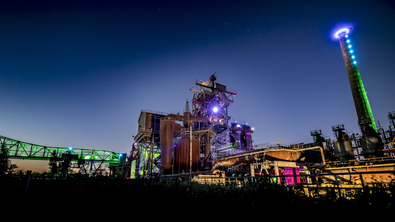 clear sky, city, ruhr area, industry, steel, low angle view, built structure, night, amusement park, building exterior, industrial heritage, duisburg, industrial architecture
