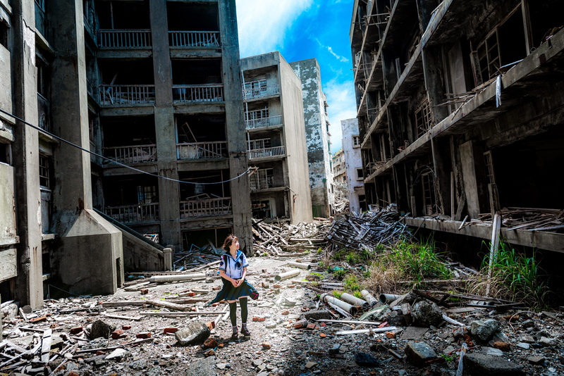 panoramic, world, old, building, men, ghost, lifestyles, obsolete, japan, uninhabited, coal mine, day, mining, asia, abandoned, standing, real people, casual clothing