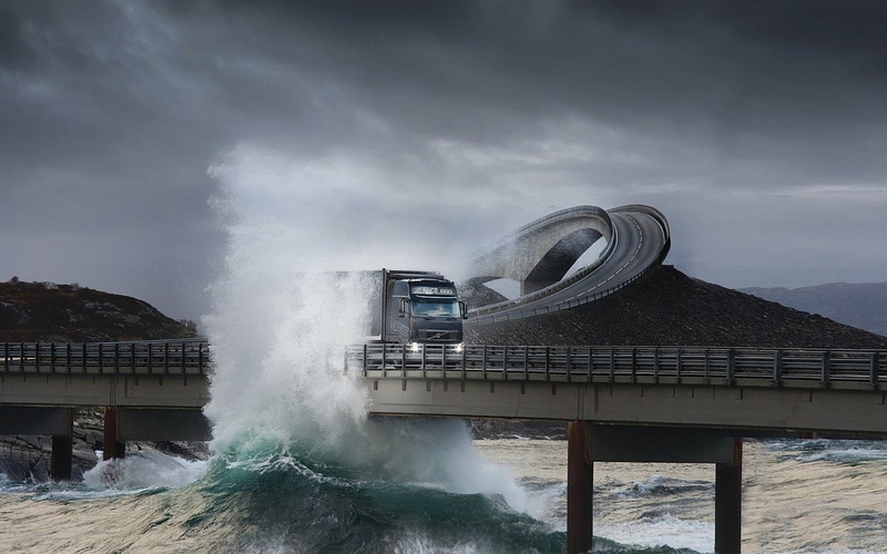 sea, clouds, Volvo, power in nature, storseisundet, hills, bridge, Norway, hitting, trucks, waves, outdoors, power, vehicle, road, nature, 720P, wave