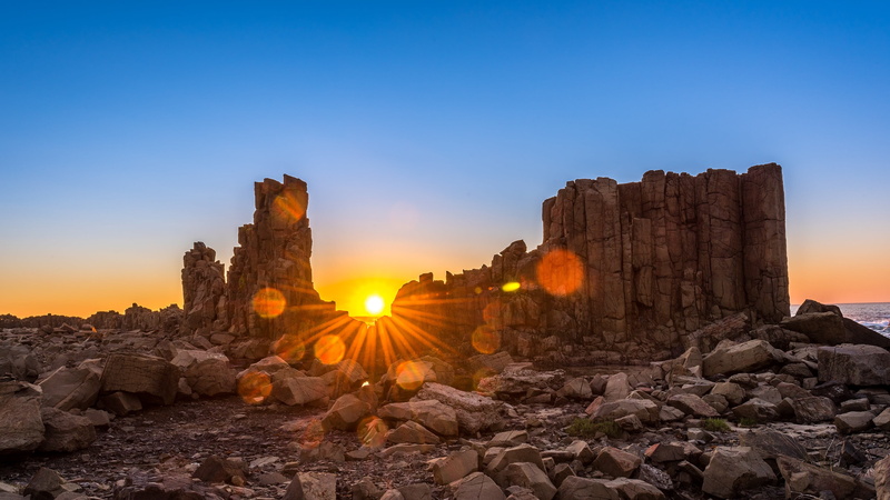 kiama, tranquility, landscape, lens flare, land, environment, sunlight, badlands, 4K, scenics - nature, sky, clear sky, eroded, sun, sunset, australia