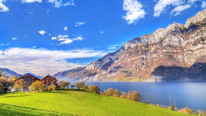 village, formation, switzerland, countryside, hill station, mountain, lake walensee, mountainous landforms, mountain lake, scenics - nature, mountain range