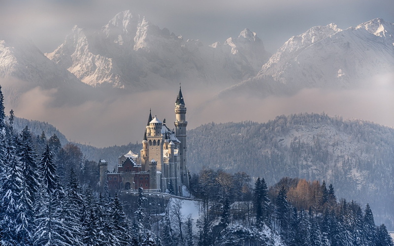 trees, 1080P, building, Germany, landscape, castle, winter, Neuschwanstien, forest, mountains, nature, snow
