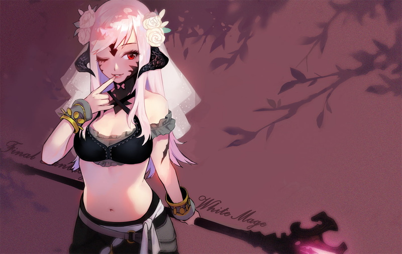 720P, navels, pink hair, Final Fantasy XIV: A Realm Reborn, weapon, horns, flowers, red eyes, Au Ra, spear
