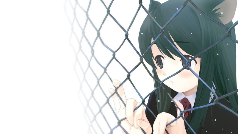 cat girl, anime, open mouth, green hair, anime girls, animal ears, fence, 1080P, long hair, chain-link, nekomimi, original characters