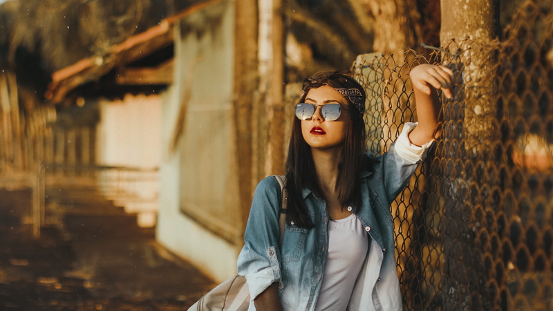 beauty, sunglasses, glasses, outdoors, hairstyle, fence, contemplation, style, standing, model, bandana, beside, beautiful woman, young women, shades, fashion