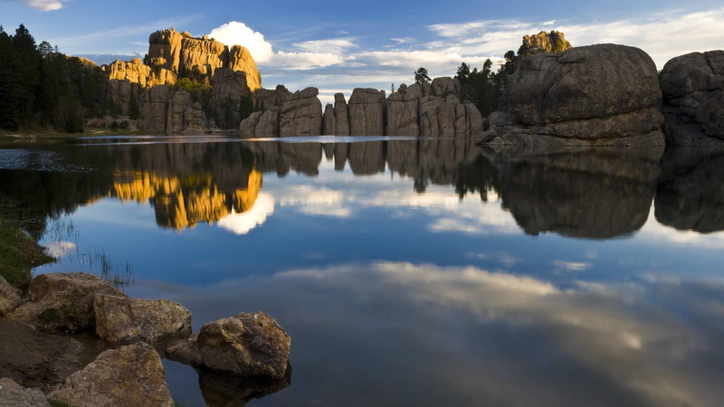 south, sylvan, 1080P, cliffs, lake, rocks, dakota, reflection, nature and landscapes
