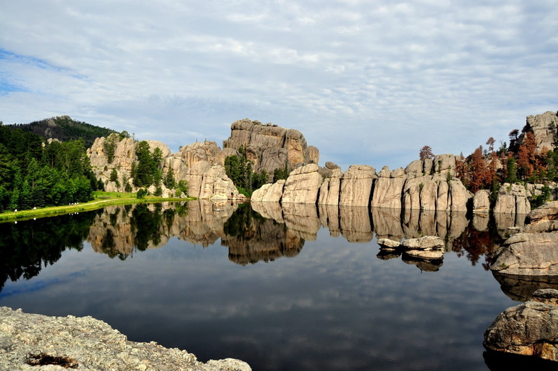 south dakota, nature, tranquil scene, day, rock formation, reflection, lake, cloud - sky, outdoors, non-urban scene, 1080P, water, rock, mountain, landscape
