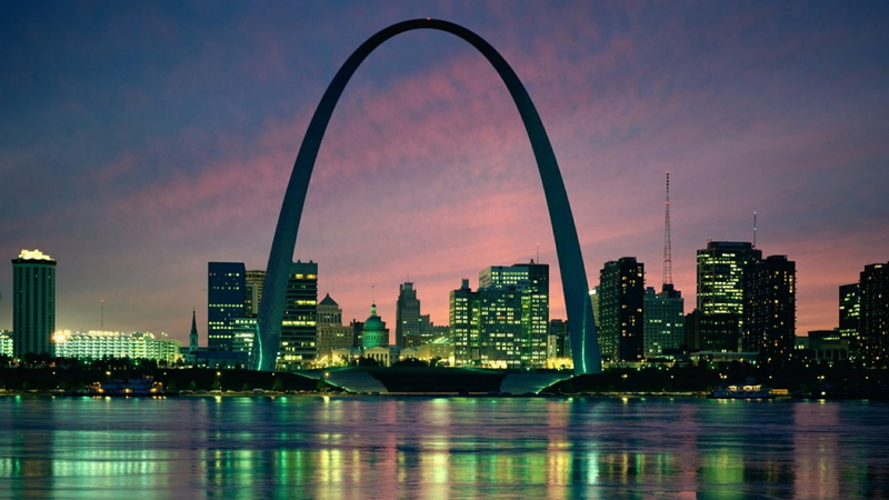 1080P, outdoors, united states, dusk, saint louis, built structure, st louis, sky, no people, building, waterfront, illuminated, water, urban skyline
