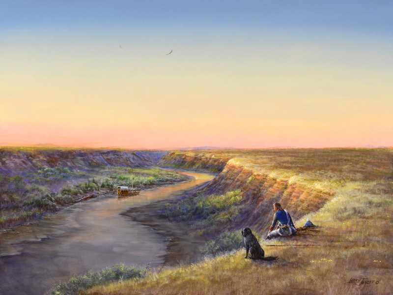 soldiers, Up The Missouri With Lewis And Clark, dog, open, boat, 1080P, picture, landscape, river, the sky, Missouri, Larry Janoff, birds
