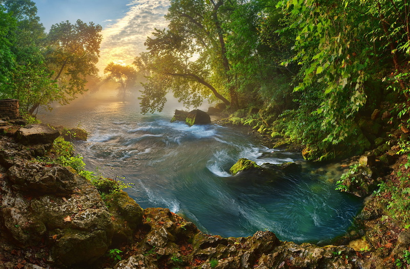 trees, Bank, stones, the sun, river, Missouri, USA, 1080P, nature, landscape, morning