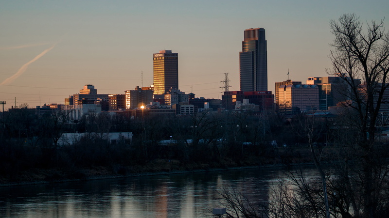 office building exterior, sky, plant, 5K, outdoors, dusk, winter, united states, river, nebraska, december, city, modern, building, water, nature, missouri river