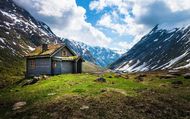 snow, Norway, hut, nature, mountains, 1080P, sky, landscape