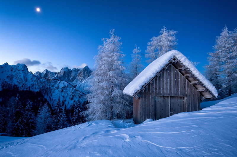 hut, landscape, mountains, 1080P, snow, winter