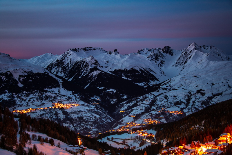 no people, snowcapped mountain, wilderness, dusk, conifer, beauty in nature, architecture, ice, mountain, la plagne, sunset, night, building exterior, cold temperature