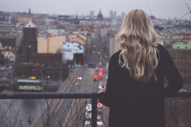 sad, rail, leisure activity, urban Scene, buildings, real people, focus on foreground, caucasian Ethnicity, skyscraper, hair, city Life, young Adult, urban