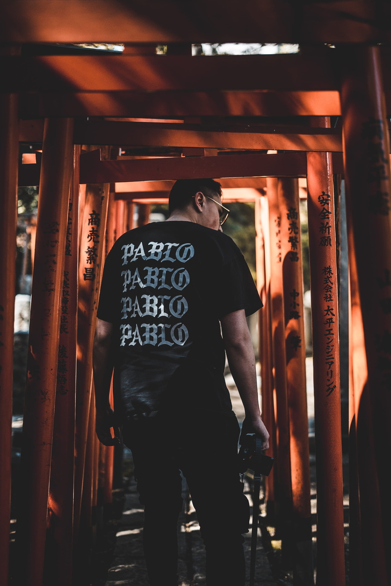 portrait, urban, built structure, street, full length, building, text, tshirt, place of worship, real people, orange, man, camera, back, illuminated, shooter
