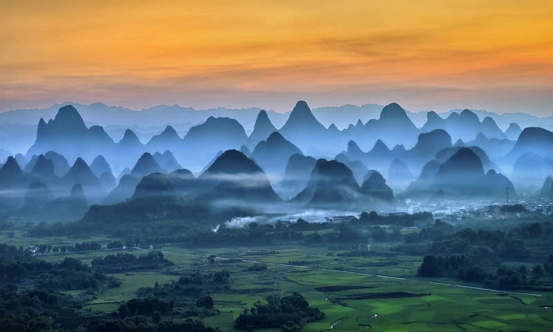 China, morning, trees, mountain, outdoors, fog, no people, city, mist, tranquility, sunset, non-urban scene, nature, plant, scenics - nature, environment