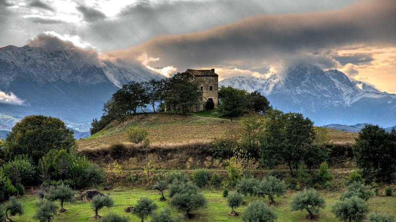 landscape, Italy, sky, HDR, old building, nature, mountains, 1080P, hills