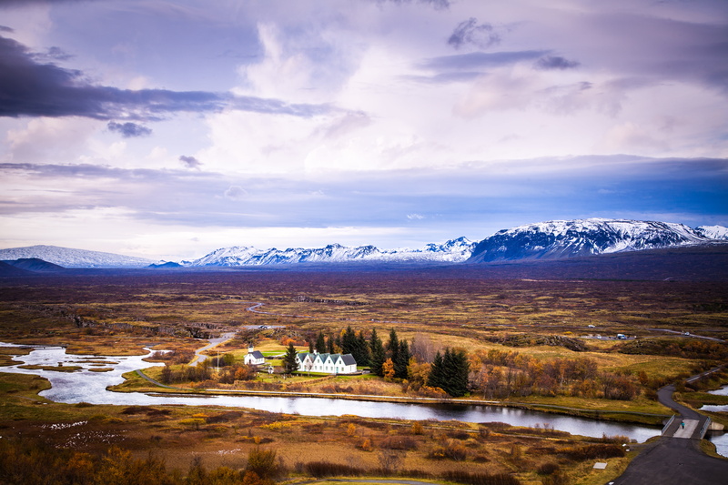 field, green, aerial view, water, coated, mountain Peak, snow, islandia, Þingvellir, house in the middle, landscape, white house, view, autumn, aerial