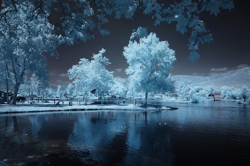 sky, landscape, blue, 720P, tree, water, cold - Temperature, nature, Infrared, Saturday In The Park, Lakes, ice, winter, christmas, surreal, covered, vegetation