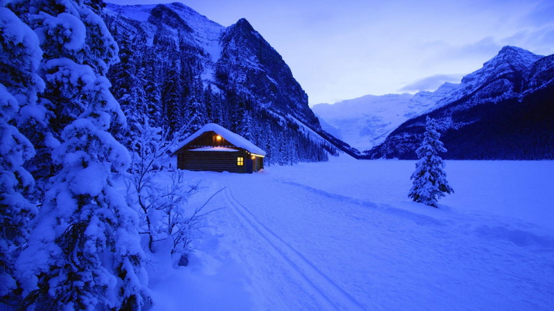 landscape, valley, no people, cabin, snowcapped mountain, trees, mountains, beauty in nature, tranquil scene, 1080P, building exterior, house, hut, snow