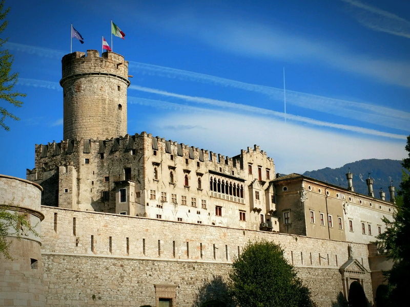 the past, nature, tower, building exterior, austria, flag, low angle view, day, beautiful, cloud - sky, sky, fort, province of trento, blue, building, castles