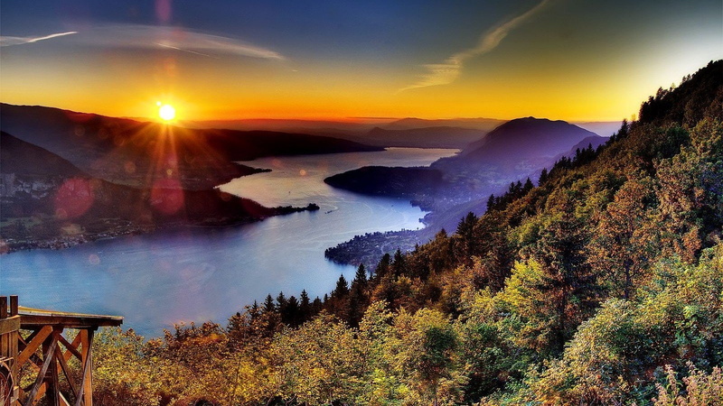 blue, cities, alps, sunset, green, forests, france, red, landscapes, annecy, trees, yellow, lakes, 720P, water, nature