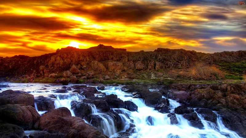 beauty in nature, ocean, 1080P, outdoors, nature, scenic, horizon, rock, landscape, coastline, valley, orange color, no people, sky, non-urban scene, tranquility