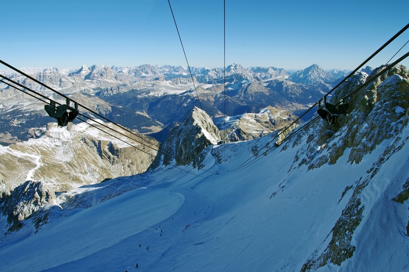 travel, italy, winter landscape, marmolada, alps, cableway, scenics - nature, 2K, veneto, overhead cable car, tops, no people, sky, malga ciapela, mountain peak
