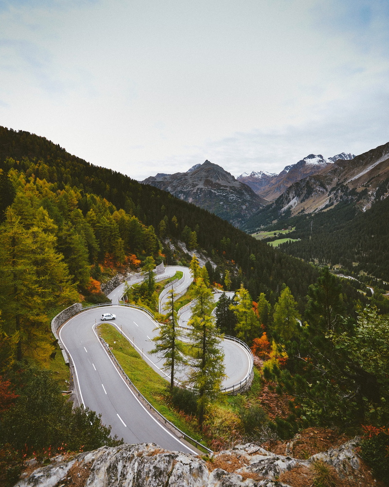 no people, mountain road, autumn, nature, lines, rock, pine tree, car, fall, high angle view, green, transportation, beauty in nature, tranquil scene, plant