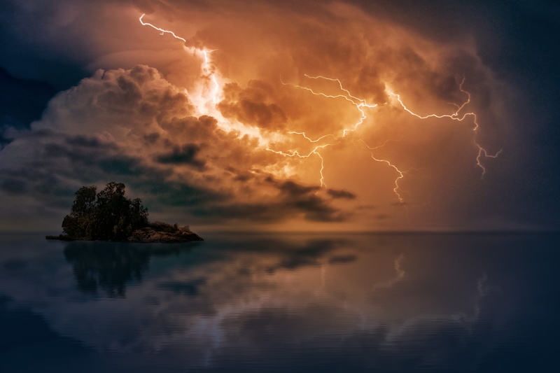 no people, lightning, landscape, power in nature, irregular, thunderstorm, zigzag, reflection, tranquility, storm, nature, sea, horizon, cloud - sky, orange
