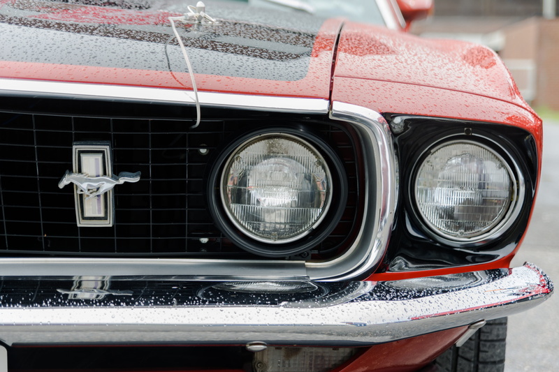 norway, mode of transportation, glass - material, transportation, red, motor vehicle, nostalgia, sykkylven, reflection, stationary, day, mustang, vintage car
