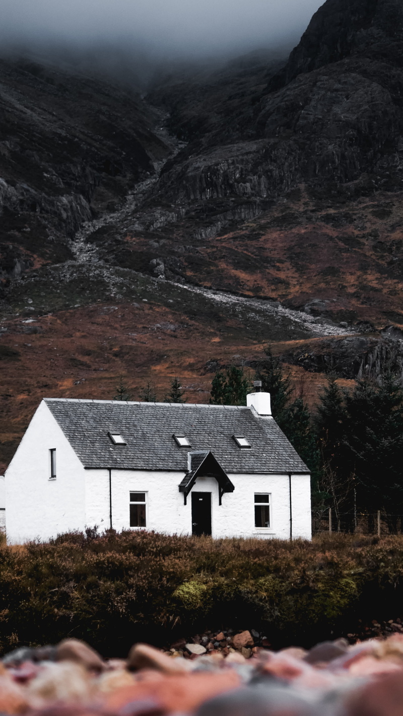 scenics - nature, house, building, concrete, no people, cottage, glen coe, environment, built structure, mountain, plant, tranquility, sky, outdoors, 4K