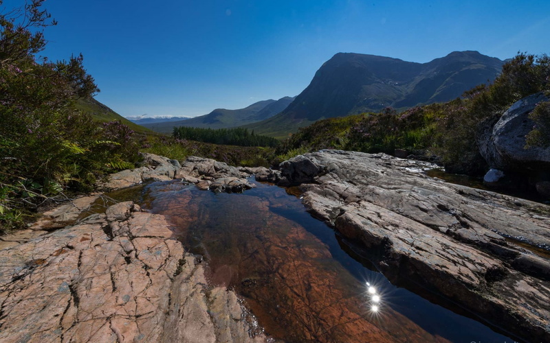 tranquil scene, no people, glen, solid, tranquility, rock, tree, nature, sunlight, flowing water, scotland, 1080P, coe, rock - object, environment