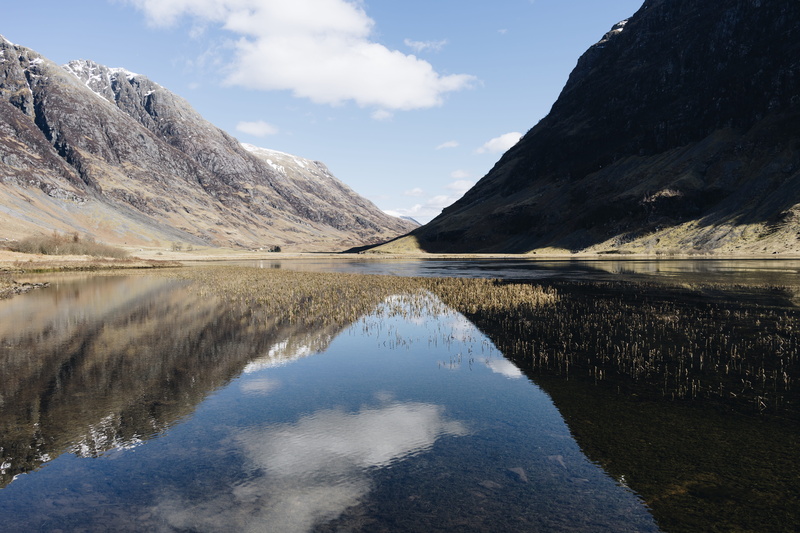 water, idyllic, 5K, scotland, waterfront, reflection, plateau, cloud - sky, day, surrounded, beauty in nature, peak, no people, river, basin, loch, lake