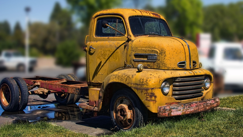 abandoned, 5K, focus on foreground, stationary, ford coe, damaged, tire, land vehicle, metal, transportation, deterioration, yellow, decline, old, run-down