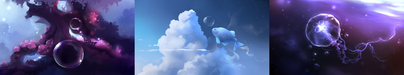 screen, tripple, tree, draw, aquatic, cute, poisson, aquatique, monitor, 5K, mignon, drawing, multi, fish, bubble, cloud, dessin, aqua, nuage, multiple