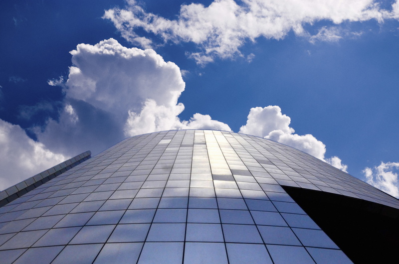 reflection, day, low angle view, ciel, cloud - sky, architecture, office, skyscraper, tower, city, no people, outdoors, tall - high, building, sunlight