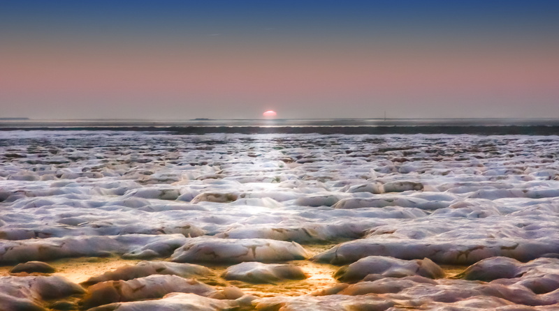 mer, dusk, beach, 2K, mousse, nature, sunset, Covered, water, wave, field, sky, sea, seascape, snow, coastline