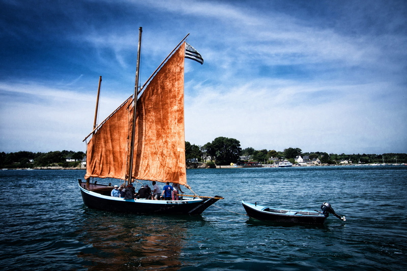 sky, sailing, mode of transportation, outdoors, incidental people, blue, nature, scenics - nature, sailboat, vieux gréement, sea, golfe du morbihan, travel