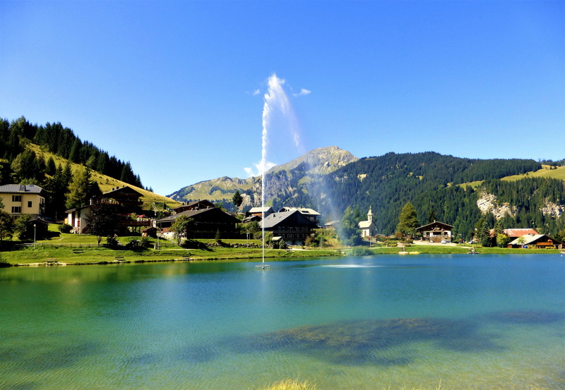 architecture, haute savoie, plant, jet d water, body of water, mountain, beauty in nature, building, 4K, blue, france, house, landscape, no person, tree