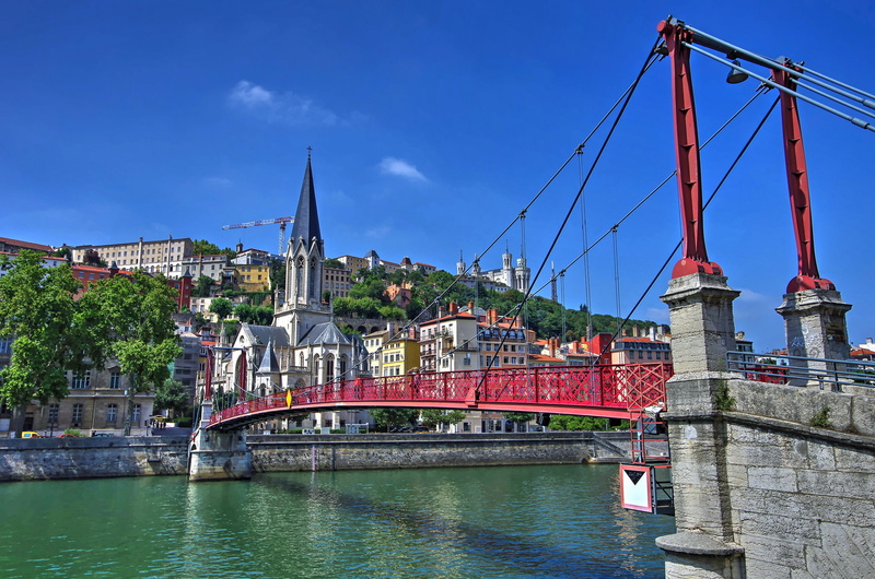 home, Lyon, slope, 1080P, the sky, bridge, France, Rhone-Alpes, river