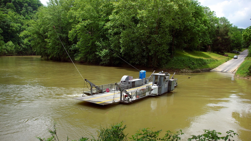 auto, mammoth, day, cable, trees, river, tranquility, boat, mode of transportation, scenery, plant, ferry, park, landscape, cave, tree, green color, outdoors