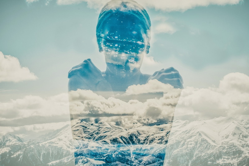 cyan, clouds, women, photo manipulation, 720P, mountains, double exposure