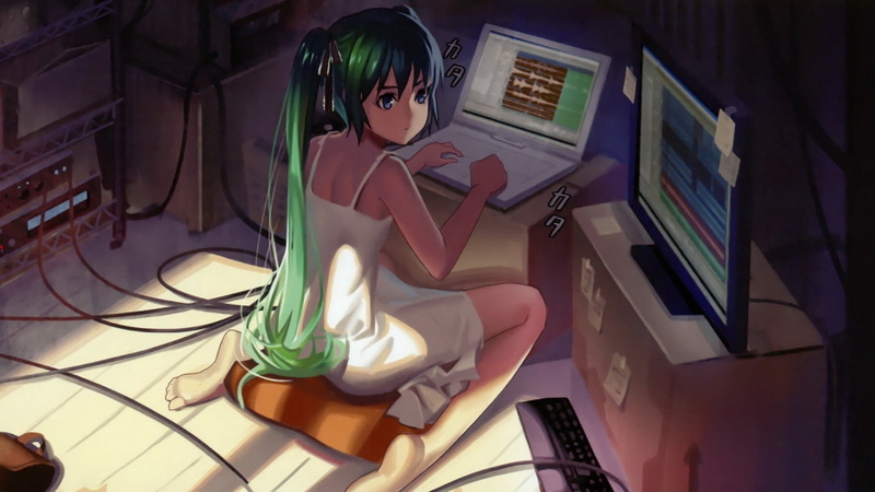 miku, hatsune, gree, Computers, art, ribbons, INDOORS, 720P, laptops, Dress, Blue Eyes, eyes, room, hd, long, Hatsune Miku, barefoot, vocaloid, people